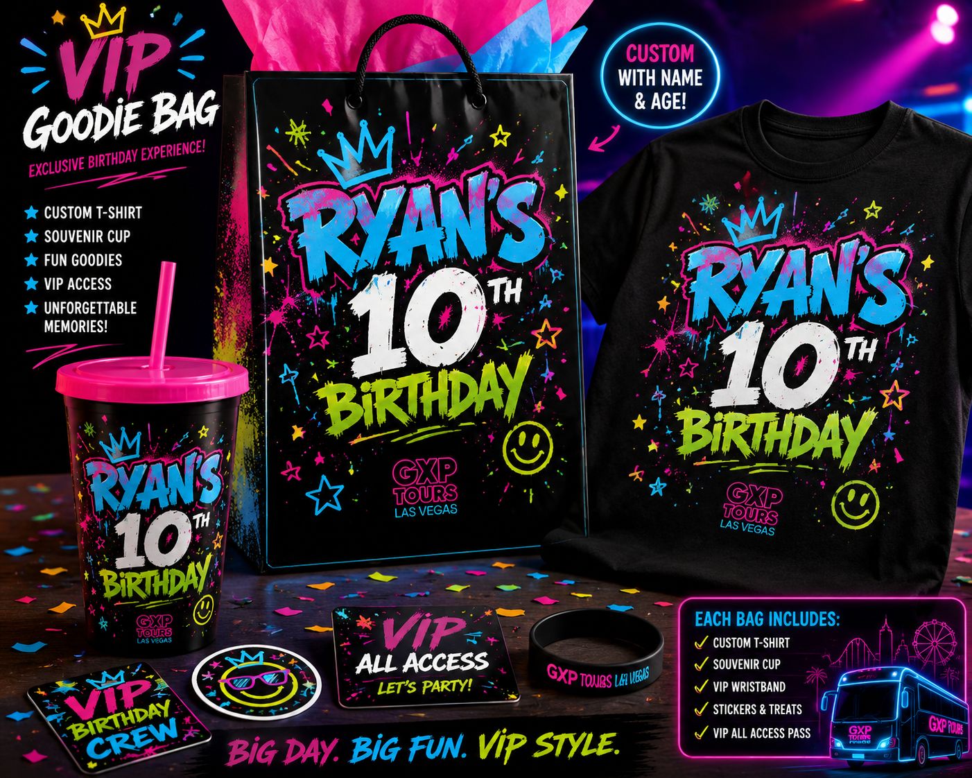 Boys custom party favor gift bags and shirts Party Bussin Las Vegas